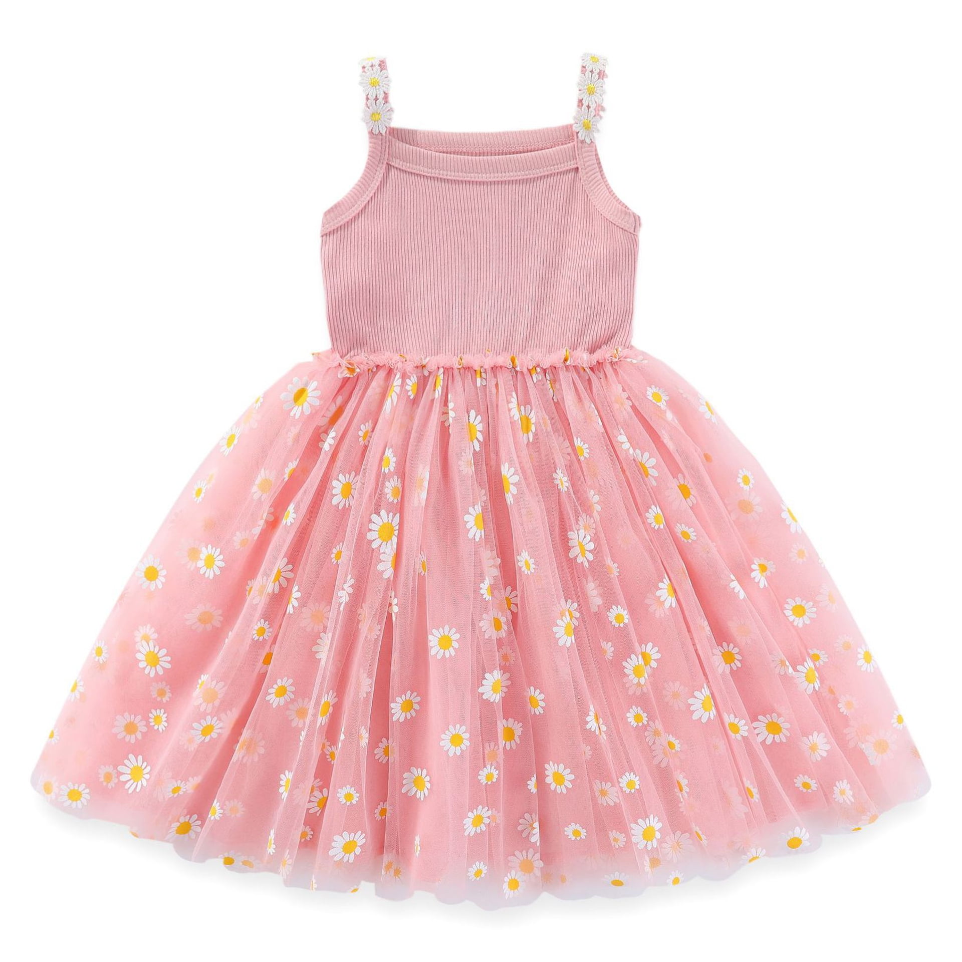 IDOPIP Baby Girls Daisy Flower Tutu Dress Spaghetti Straps Layered Tulle Sundress 18-24 Months Pink